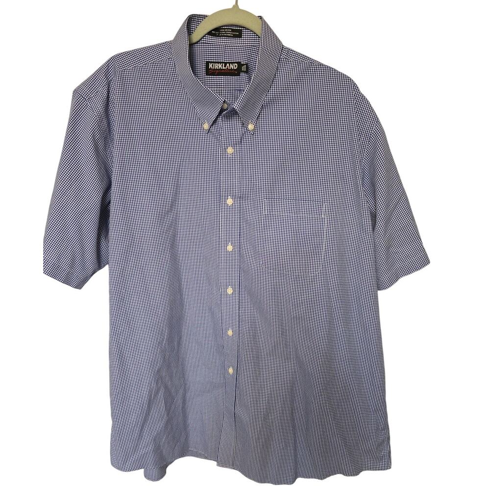 Kirkland Signature Mens 2XL Blue Gingham Non-Iron Short Sleeve Shirt XXL Button